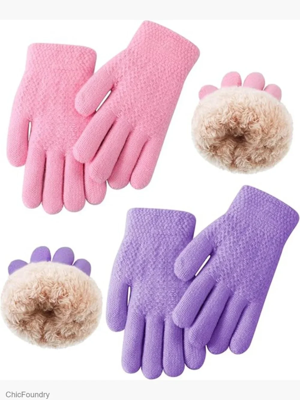 2 Pairs Fleece Lined Gloves Winter Thick Warm Thermal Cable Knit for 6-10 Years